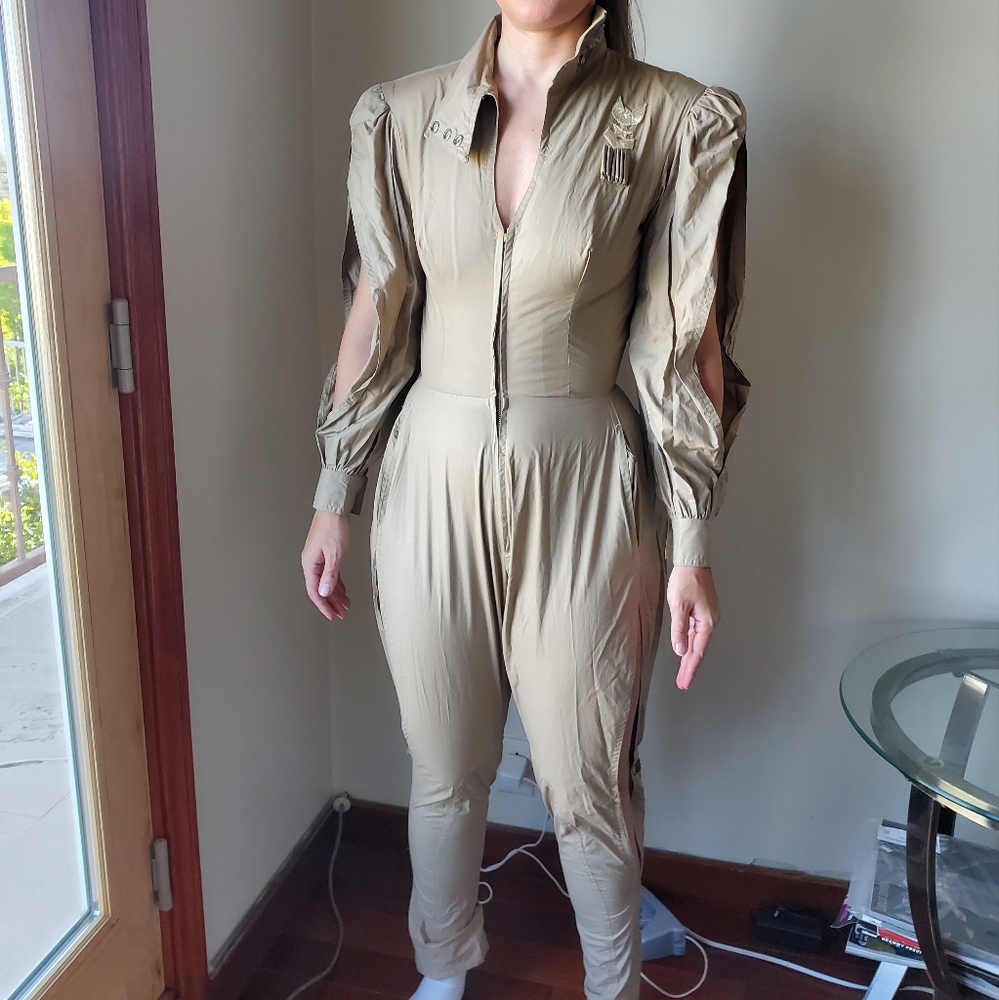 Vintage Cotton military ARMY Jumpsuit PEEKABOO SLIT SLEEVES SLIT PANT Cargo sz 8